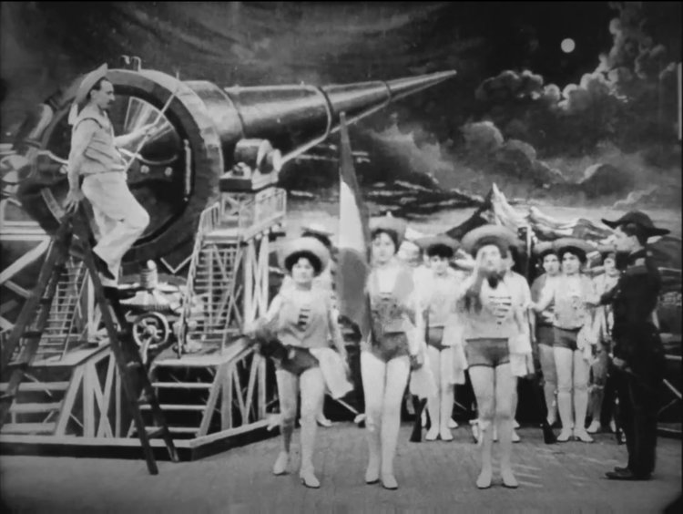 Scene from Georges Melies Le Voyage dans la Lune (A trip to the Moon), a 1902 film lasting about 12 minutes.